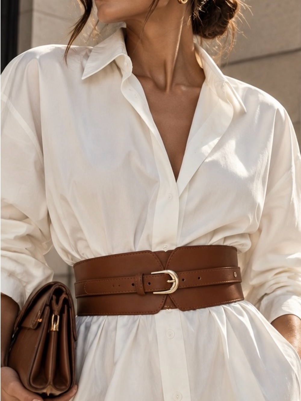 Wide Brown Leather Corset Belt with Gold Buckle